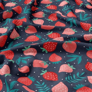 Strawberries Linen 100%, Eco-print, Printed Linen fabric, Strawberries Linen, Softened linen for sewing, Width 150cm /60&quot;