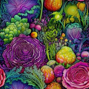 Könnte beinhalten: Ein lebendiges Blumenmuster mit violetten, rosa und grünen Blüten mit filigranen Details. Die Blüten sind in einem sich wiederholenden Muster angeordnet, das Tiefe und Textur erzeugt.