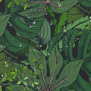 Könnte beinhalten: Nahaufnahme einer üppigen, grünen tropischen Dschungelszene mit großen Blättern und Regentropfen. Die Blätter sind detailliert und realistisch gezeichnet, und die Regentropfen verleihen dem Bild ein Gefühl von Frische und Lebendigkeit.