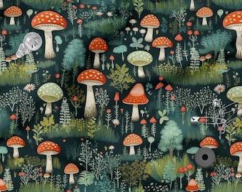 Mushroom forest cotton 100%, Eco-print, Printed Cotton mushrooms fabric, Width 150cm /60"