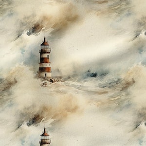 Puede incluir: Una pintura de acuarela de un faro que se alza alto contra un mar tormentoso. El faro es blanco con rayas rojas y un techo negro. Las olas rompen contra las rocas alrededor del faro. El cielo es de un gris tormentoso.