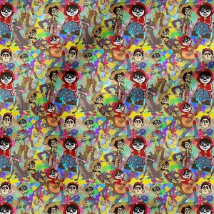 May include: A colorful repeating pattern featuring a cartoon character with a skeleton design and a red hooded jacket. The character is playing a guitar and surrounded by colorful abstract shapes.