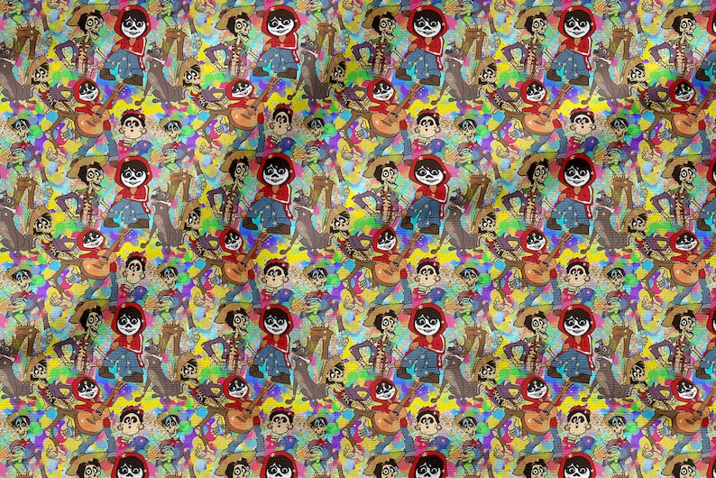May include: A colorful repeating pattern featuring a cartoon character with a skeleton design and a red hooded jacket. The character is playing a guitar and surrounded by colorful abstract shapes.