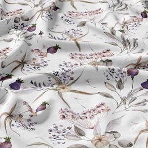 Poppy Flowers, Meadow, Linen 100%, Eco-print, Printed Linen fabric, Softened linen for sewing, Width 150cm /60&quot;
