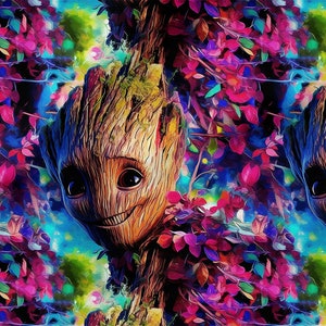 May include: A digital painting of a smiling, brown, tree-like character with large eyes, surrounded by colorful flowers and leaves.