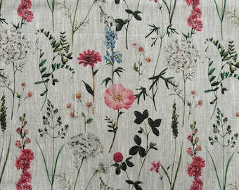 Tissu en lin Meadow, Summer Meadow Flowers, Beige chiné, Lin ramolli pour la couture, Largeur 150 cm/60"