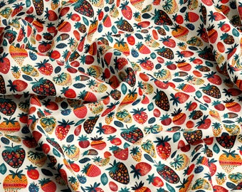 May include: A white fabric with a repeating pattern of colorful strawberries. The strawberries are illustrated with intricate details and have a variety of colors, including red, orange, yellow, blue, and green.