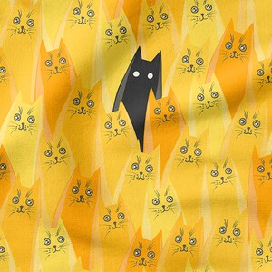 May include: A black cat stands out amongst a crowd of yellow cats with black eyes and whiskers. The cats are arranged in a repeating pattern.