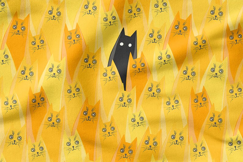 May include: A black cat stands out amongst a crowd of yellow cats with black eyes and whiskers. The cats are arranged in a repeating pattern.