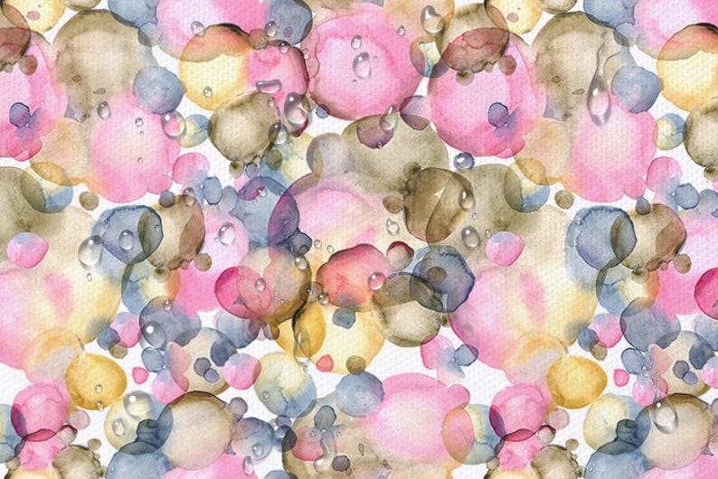 Puede incluir: Pintura abstracta de acuarela con un patr&oacute;n sin costuras de c&iacute;rculos superpuestos en tonos de rosa, amarillo, marr&oacute;n y azul. Los c&iacute;rculos son transl&uacute;cidos y crean un efecto de capas.