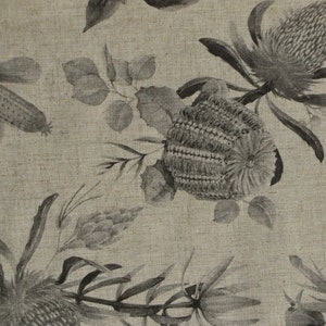 Linen fabric MONOCHROME FLOWERS, Beige in melange, Softened linen for sewing, Width 150cm /60&quot;