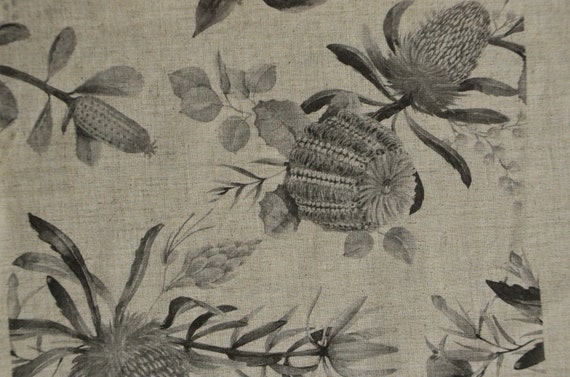Linen fabric MONOCHROME FLOWERS, Beige in melange, Softened linen for sewing, Width 150cm /60"