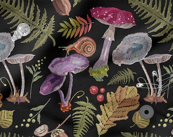FOREST LIFE, Mushrooms  cotton 100%, Eco-print, Printed Cotton Fabric, FOREST fabric, Width 150cm /60"