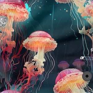 Jellyfish cotton 100%, Eco-print, Printed Cotton Fabric, Jellyfish fabric, Width 150cm /60&quot;