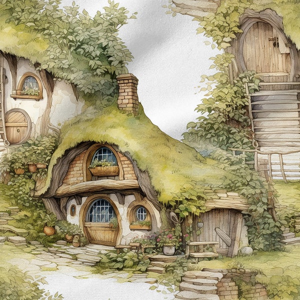 Hobbit Cottage cotone 100%, stampa ecologica, tessuto di cotone stampato, larghezza 150 cm /60"