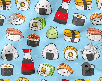 Colorful KAWAII SUSHI  cotton 100%, Eco-print, Printed Cotton Fabric,  SUSHI fabric, Width 150cm /60"