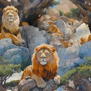 May include: A painting of a pride of lions sitting on rocky cliffs in a savanna landscape. The lions are all looking at the viewer with a serious expression. The painting is done in a realistic style and features a variety of colors, including brown, orange, yellow, and green.