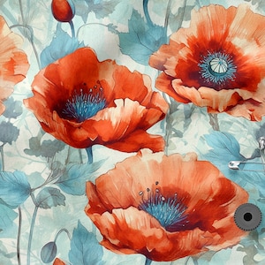 Papaveri acquerello cotone 100%, Eco-print, Tessuto di cotone stampato papaveri, Larghezza 150 cm /60"
