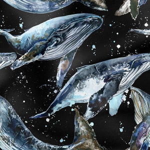 Whale and waves cotton 100%, Eco-print, Printed Cotton Watercolor sea fabric, Width 150cm /60"