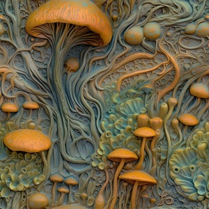 May include: A close-up of a textured, abstract art piece featuring a variety of orange and brown mushrooms with intricate details. The mushrooms are arranged in a pattern on a blue and green background.