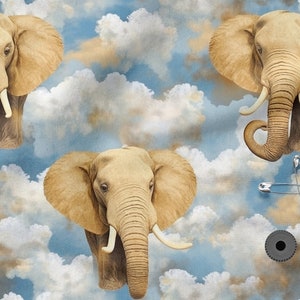 Elephant in the clouds cotton 100%, Eco-print, Printed Cotton elephant fabric, Width 150cm /60"