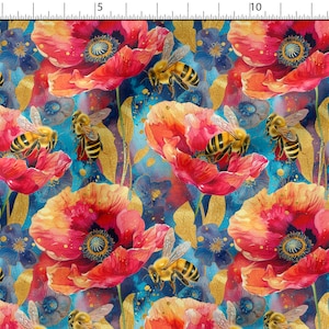 Poppies cotton 100%, Eco-print, Printed Cotton floral fabric, Width 150cm /60&quot;
