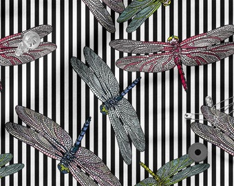 COLORFUL DRAGONFLIES, White and Black Stripes cotton 100%, Eco-print, Printed Cotton Fabric, Width 155cm /61"