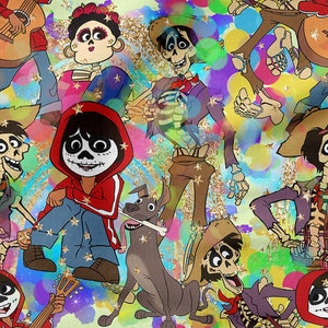 May include: A colorful, digital illustration featuring characters from the animated film Coco. The characters are depicted as skeletons with vibrant clothing and accessories. The background is a mix of colorful circles and stars.