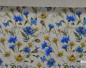 Linen fabric Meadow Flowers Summer Meadow Linen Fabric Beige in melange Softened linen for sewing, Width 150cm /60"