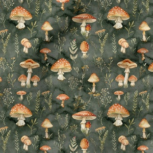 Puede incluir: Un patrón sin costuras que presenta ilustraciones de acuarela de hongos en varios tamaños y estilos. Los hongos se representan en tonos de marrón y naranja con manchas blancas, y se colocan sobre un fondo verde oscuro con follaje delicado y estilizado.