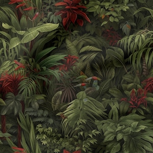 Può includere: Un motivo senza cuciture che presenta un lussureggiante fogliame tropicale verde, fiori rossi vibranti e uccelli colorati. Il design è perfetto per aggiungere un tocco di natura a qualsiasi spazio.