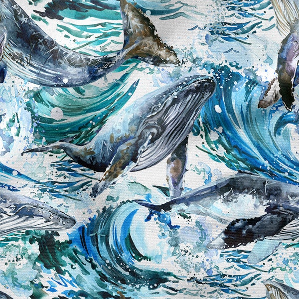 Whale and waves cotton 100%, Eco-print, Printed Cotton Watercolor sea fabric, Width 150cm /60"