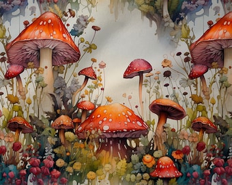 Forest cotton 100%, Eco-print, Printed Cotton  mushrooms fabric, Width 150cm /60"