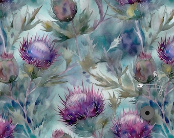 Puede incluir: Pintura acuarela de cardos morados con hojas verdes sobre un fondo azul. Hay alfileres de seguridad esparcidos alrededor de las flores.