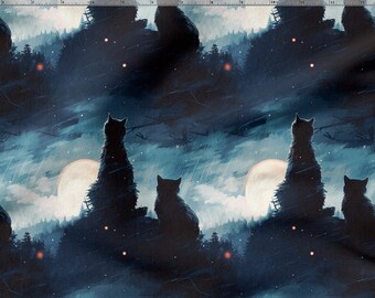 May include: A digital illustration of three black cats silhouetted against a blue and white moonlit sky. The cats are sitting on a rocky ledge in a forest setting. The sky is filled with stars and the moon is a bright white.