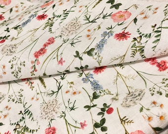 Meadow, Summer Meadow Flowers, Linen 100%, Eco-print, Printed Linen fabric, Softened linen for sewing, Width 150cm /60"