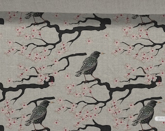 Linen fabric Japanese Pattern Cherry Blossoms Linen Fabric Beige in melange Birds Linen Softened linen for sewing, Width 150cm /60"