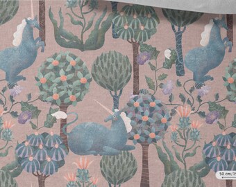 Tela de sudadera Unicornios en el bosque, elástica, de punto de algodón, para sudaderas, ropa deportiva y ropa infantil, 230 g/m²