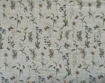 Tissu en lin Meadow, Summer Meadow Flowers, Beige chiné, Lin ramolli pour la couture, Largeur 150 cm/60"