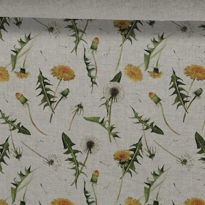 Linen fabric Dandelion Flowers, Summer Meadow Flowers, Beige in melange, Softened linen for sewing, Width 150cm /60&quot;