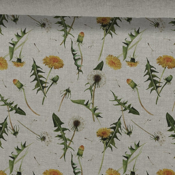 Tissu en lin Fleurs de pissenlit, Fleurs de prairie d'été, Beige en mélange, Lin adouci pour la couture, Largeur 150cm /60"