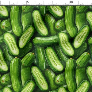 May include: A seamless pattern featuring a close-up of many green cucumbers, some sliced in half, arranged in a random pattern.