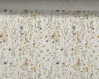 Linnen stof, bloemmotief, wilde bloemen, beige in melange, zacht linnen om te naaien, breedte 150cm /60"