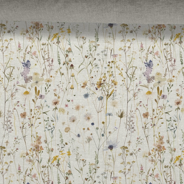 Linen fabric, Floral Pattern, Wildflowers, Beige in melange, Softened linen for sewing, Width 150cm /60"