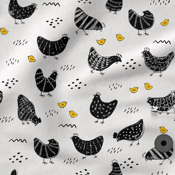 Happy chickens cotton 100%, Eco-print, Tissu en coton imprimé poulets, Largeur 150cm /60"