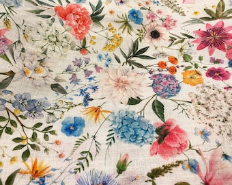 Summer Meadow Flowers, Linen 100%, Eco-print, Printed Linen fabric, Softened linen for sewing, Width 150cm /60"