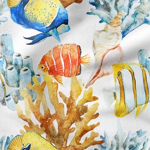 COLORFUL FISH Reef CORAL Ocean, cotton 100%, Eco-print, Printed Cotton Fabric, Width 155cm /61&quot;