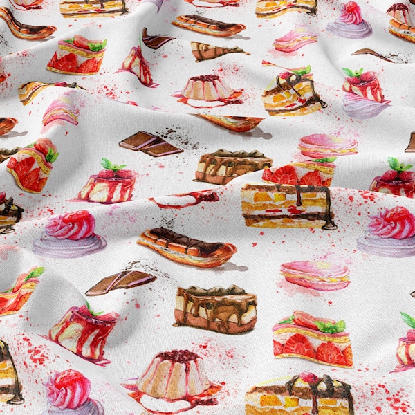 Sweets, Cupcakes Linen 100%, Eco-print, Printed Linen fabric, Softened linen for sewing, Width 150cm /60"