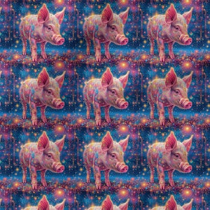 May include: A repeating pattern of pink pigs with colorful, starry backgrounds. The pigs are facing forward with their ears perked up and their snouts pointed slightly downward.