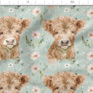 Watercolor floral highland cow cotton 100%, Eco-print, Printed Cotton Fabric, Width 150cm /60&quot;